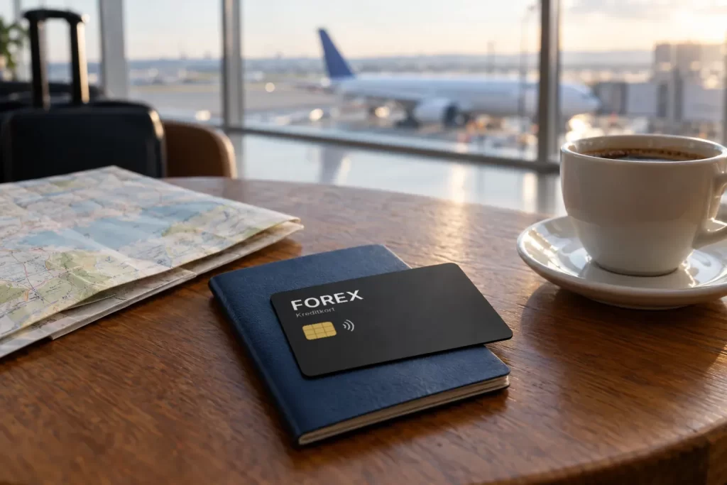 Svart kreditkort med texten Forex på ett pass bredvid en karta och en kopp kaffe på ett flygplatskafé
