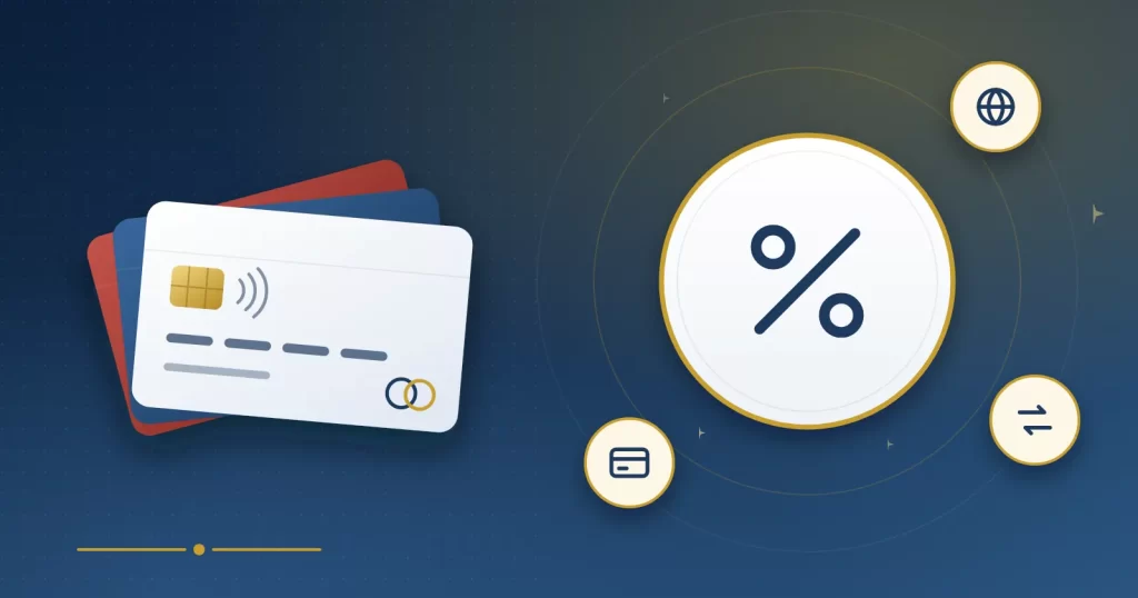 Illustration av ett rött kreditkort framför en jordglob med euro- och dollartecken och texten 1,99 procent