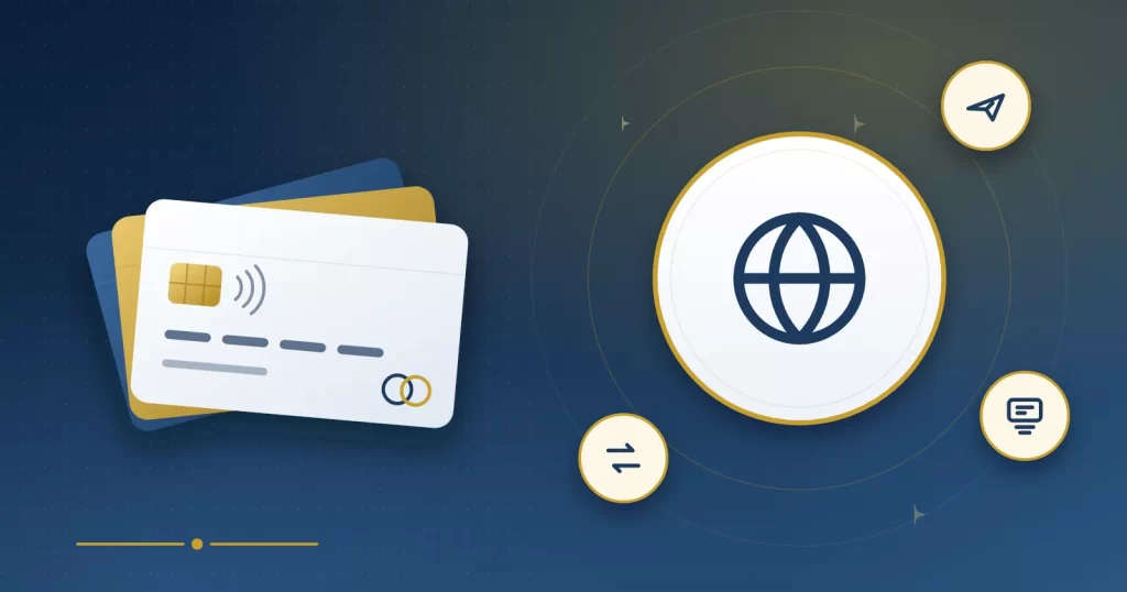 Illustration av kreditkort framför en jordglob med ett flygplan, en bankomat och växlingspilar